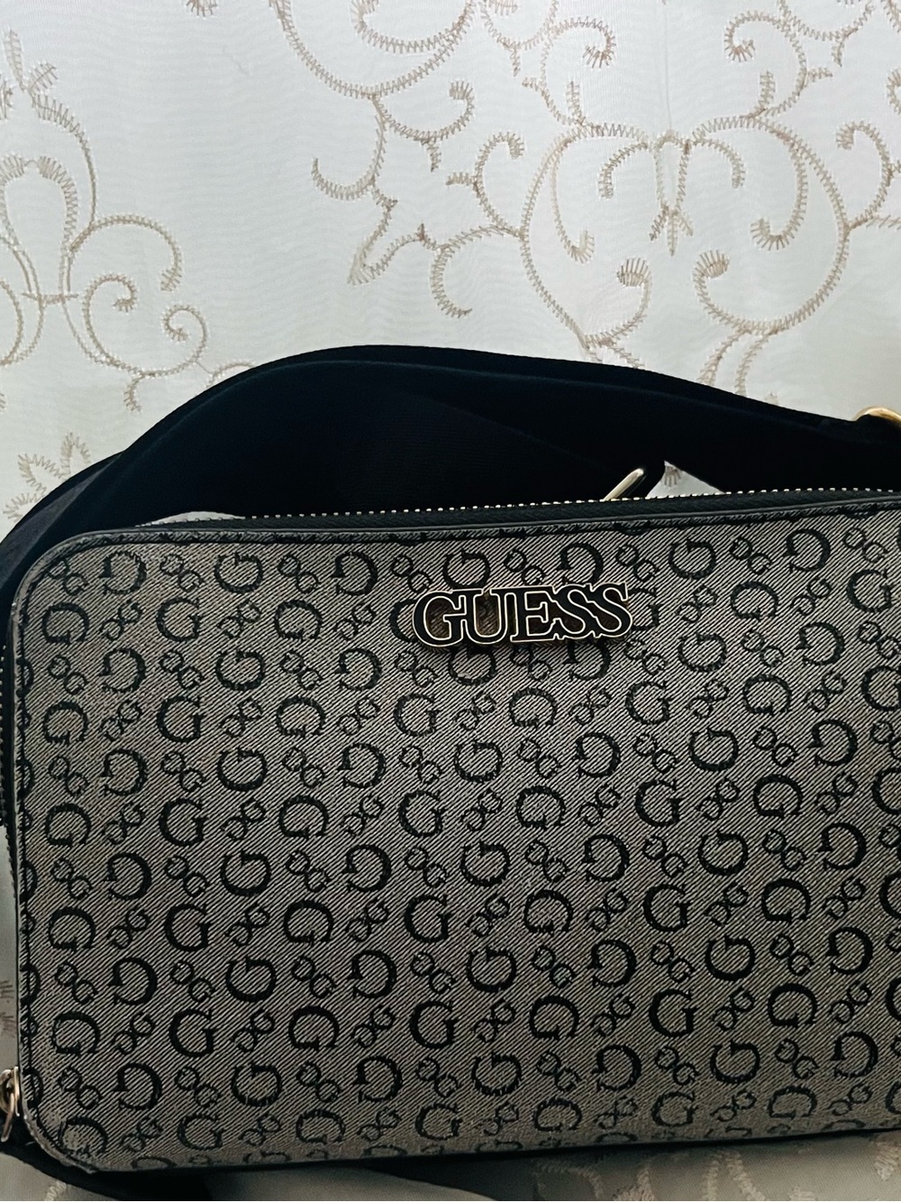 GUESS Monogram Messenger Bag in Beige and Black